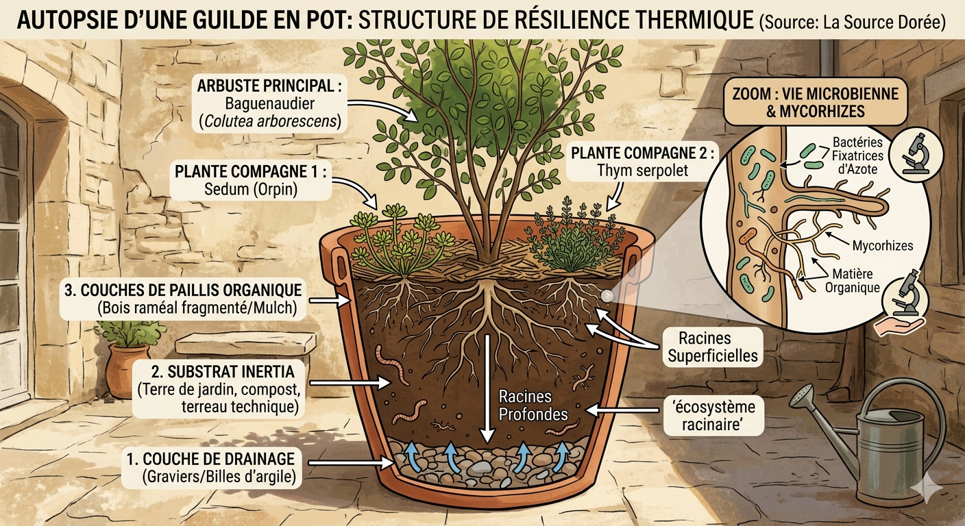 Schéma technique en coupe d'une guilde d'arbuste en pot montrant les couches de substrat, le système racinaire profond et la vie microbienne pour une culture résiliente.
