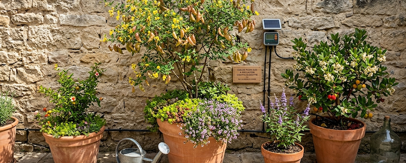 "Aménagement d'une cour plein sud avec guildes d'arbustes en pots et système d'arrosage automatique goutte-à-goutte."