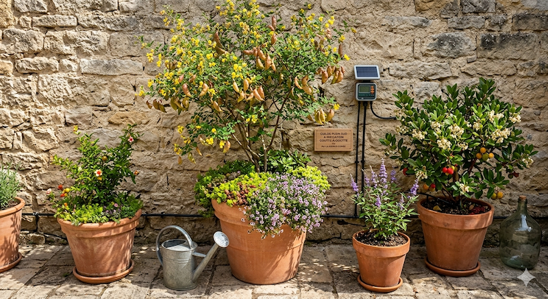 "Aménagement d'une cour plein sud avec guildes d'arbustes en pots et système d'arrosage automatique goutte-à-goutte."